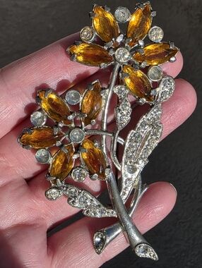 Vintage Pot Metal Art Deco Amber Cognac Rhinestone Large Floral Brooch 3.5"
